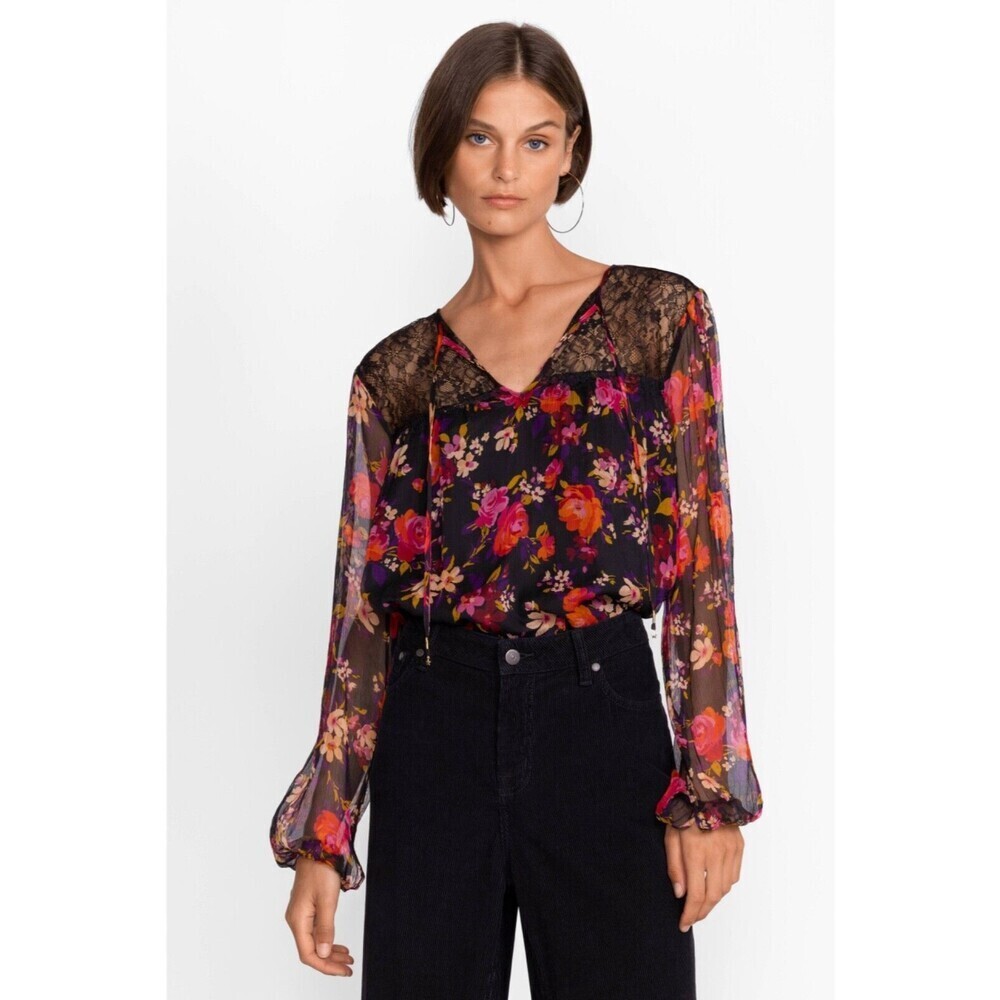 Johnny Was Black Floral Lace Blouse Sheer Long Sleeve Bohemian Peasant Top Small